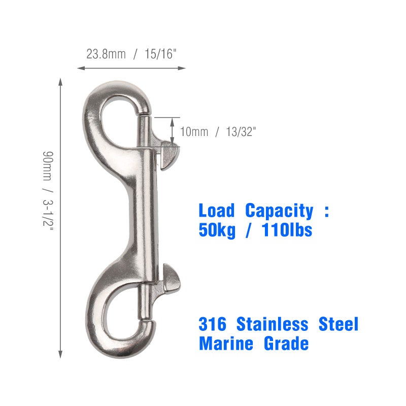 Timsec Double Ended Bolt Snap Hooks, 3-1/2 Inch Marine Grade Double End Scuba Diving Clips, 316 Stainless Steel Trigger Chain Clip, for Water Bucket Pet Feed Bucket Agricultural Equine Dog Leash, 2Packs - Image 3